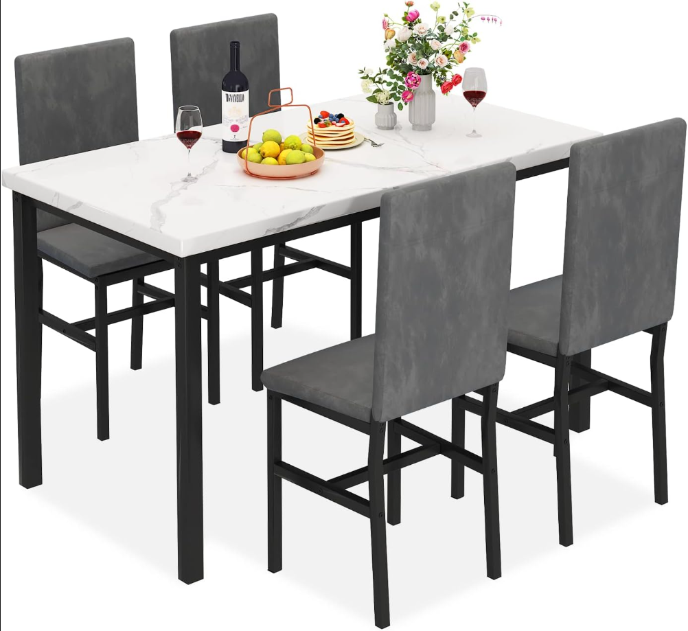 Dining Table Set for 4, 5-Piece Marble DiningTableSet with 4 Velvet Metal Frame Chairs for Kitchen, Bar, Living Room, Breakfast Nook, Small Space, 03 Gray