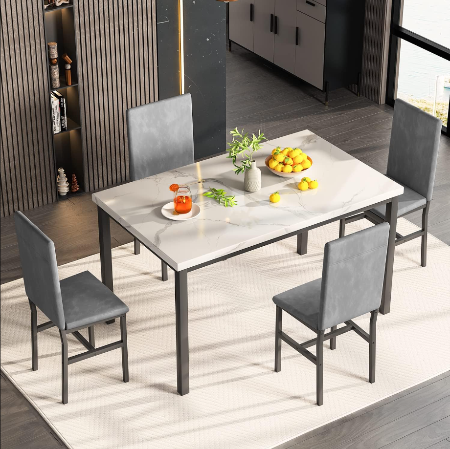Dining Table Set for 4, 5-Piece Marble DiningTableSet with 4 Velvet Metal Frame Chairs for Kitchen, Bar, Living Room, Breakfast Nook, Small Space, 03 Gray