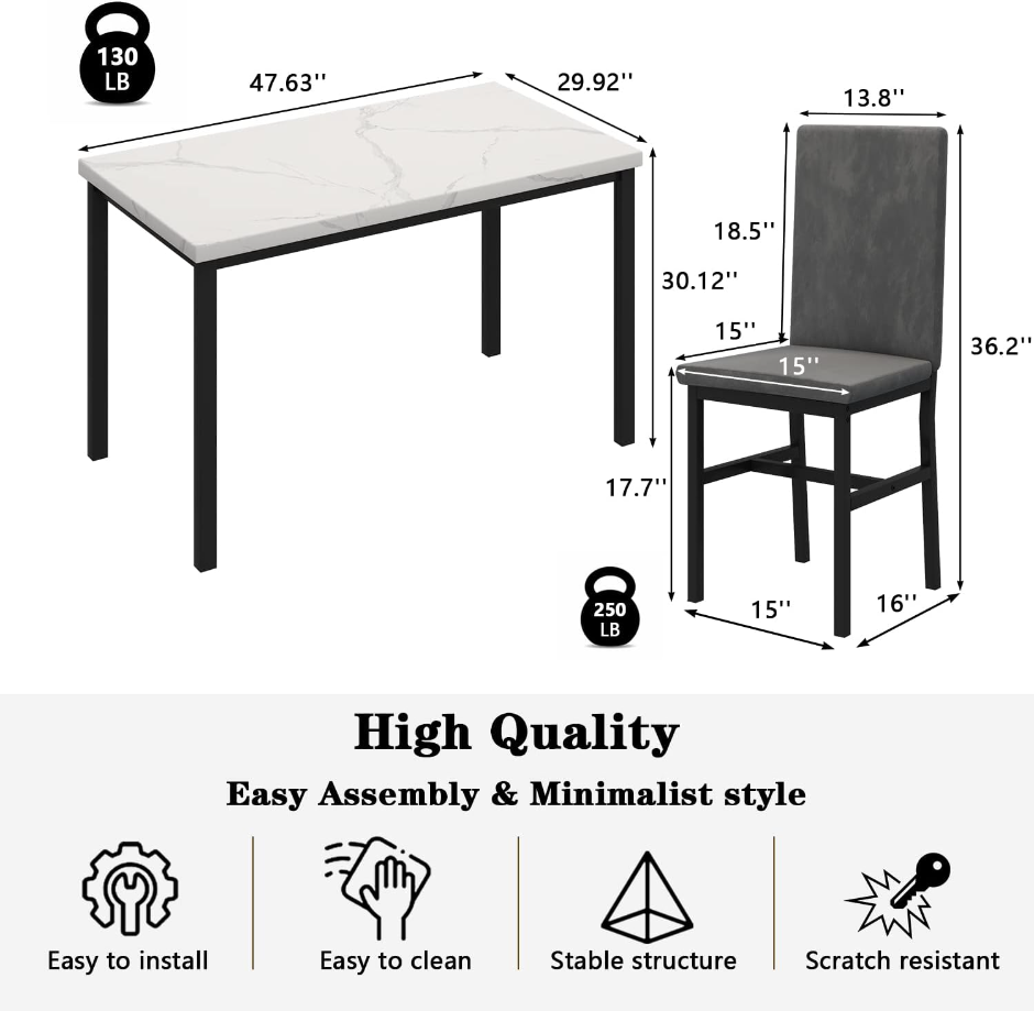 Dining Table Set for 4, 5-Piece Marble DiningTableSet with 4 Velvet Metal Frame Chairs for Kitchen, Bar, Living Room, Breakfast Nook, Small Space, 03 Gray