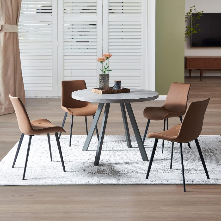 Round Dining Table Set, Mid Century Modern Small Round Dining Table 35 INCH, Leisure Coffee Table, Saving Space (Table with 4 Brown Chairs)
