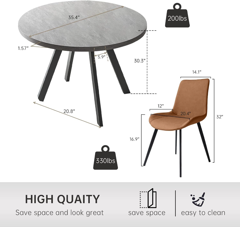 Round Dining Table Set, Mid Century Modern Small Round Dining Table 35 INCH, Leisure Coffee Table, Saving Space (Table with 4 Brown Chairs)