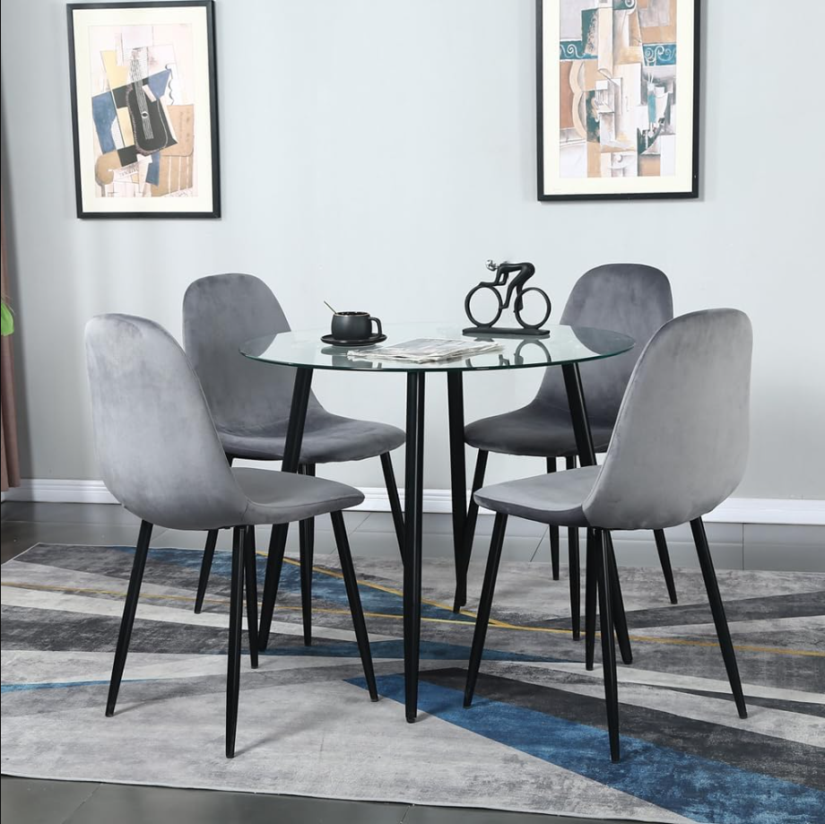 5 Pieces Dining Room Table Set for 4 - Round Glass Table - Velvet Dining Chairs - Modern Kitchen & Dining Room Sets for Dining Room, Kitchen,Dinette or Compact Space, Deep Grey