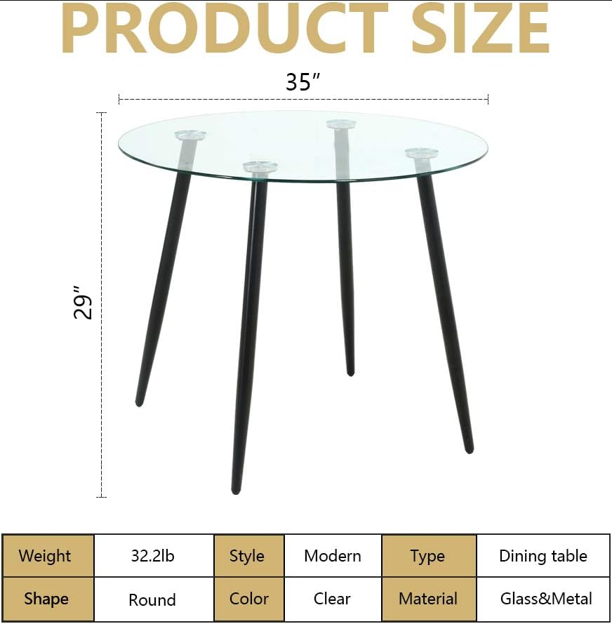 5 Pieces Dining Room Table Set for 4 - Round Glass Table - Velvet Dining Chairs - Modern Kitchen & Dining Room Sets for Dining Room, Kitchen,Dinette or Compact Space, Deep Grey