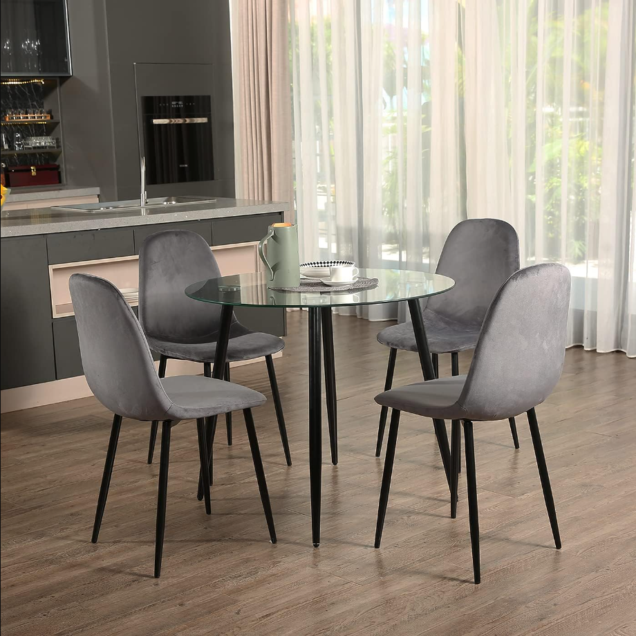 5 Pieces Dining Room Table Set for 4 - Round Glass Table - Velvet Dining Chairs - Modern Kitchen & Dining Room Sets for Dining Room, Kitchen,Dinette or Compact Space, Deep Grey