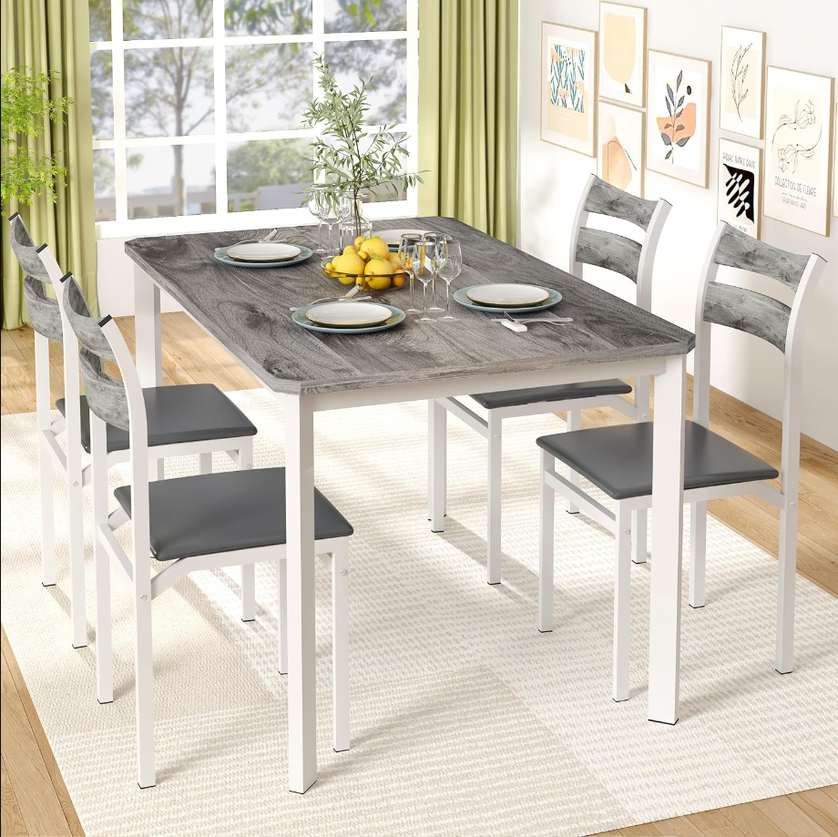 Dining Table Set for 4, 43.3" Dining Room Table with 4 Upholstered PU Leather Chairs, Modern Wood Kitchen Table and Chairs Set, 5-Piece Dinette Set for Breakfast Nook, Small Places, Grey