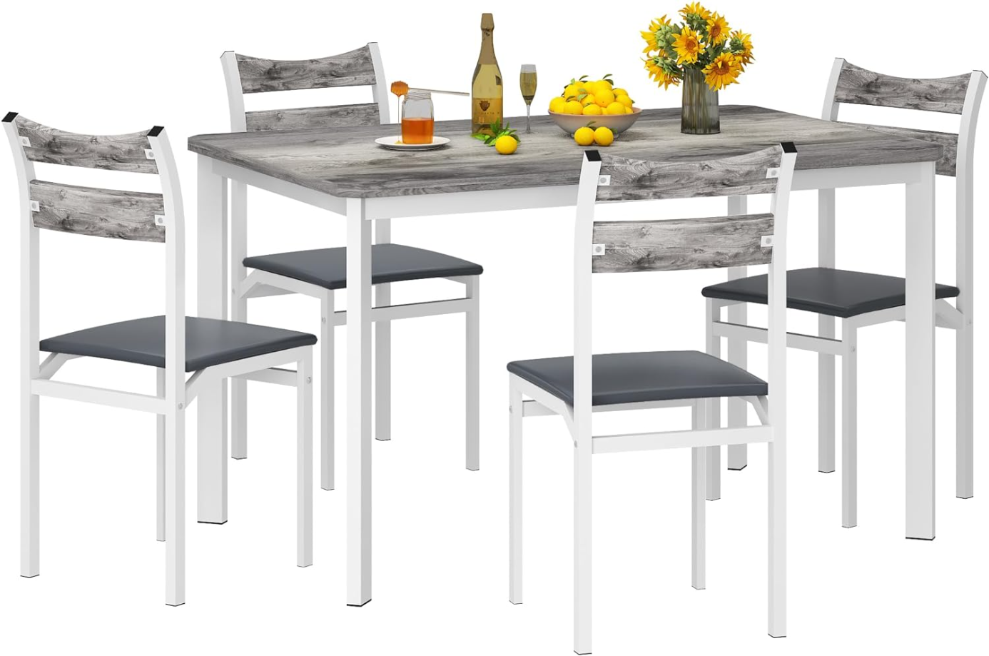 Dining Table Set for 4, 43.3" Dining Room Table with 4 Upholstered PU Leather Chairs, Modern Wood Kitchen Table and Chairs Set, 5-Piece Dinette Set for Breakfast Nook, Small Places, Grey