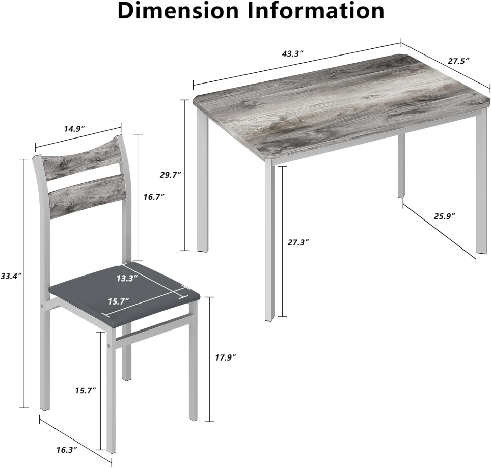 Dining Table Set for 4, 43.3" Dining Room Table with 4 Upholstered PU Leather Chairs, Modern Wood Kitchen Table and Chairs Set, 5-Piece Dinette Set for Breakfast Nook, Small Places, Grey