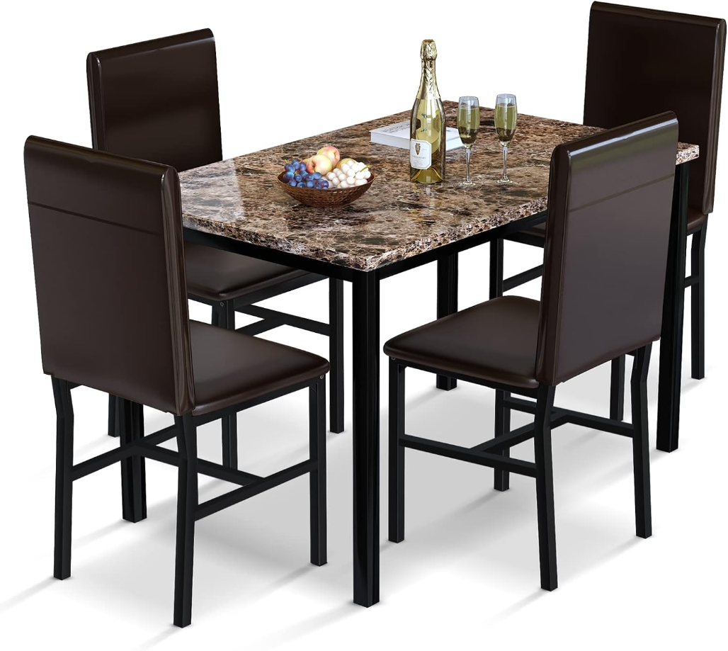 5 Piece Dining Table Set for 4,Faux Marble Kitchen Table and Chairs for 4, Modern Dining Room Table Set with PU Leather Chairs, Dinette for Small Spaces,Breakfast Nook,Living Room, Brown