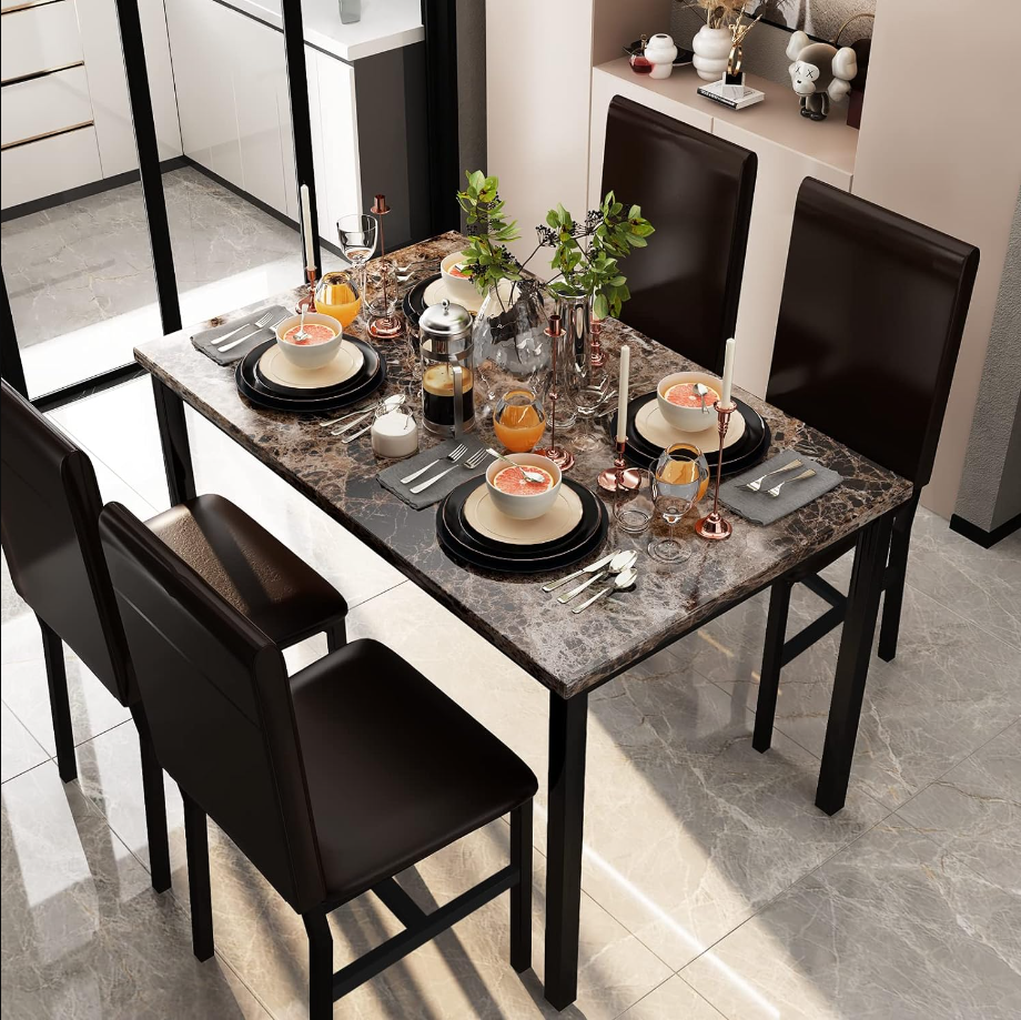 5 Piece Dining Table Set for 4,Faux Marble Kitchen Table and Chairs for 4, Modern Dining Room Table Set with PU Leather Chairs, Dinette for Small Spaces,Breakfast Nook,Living Room, Brown