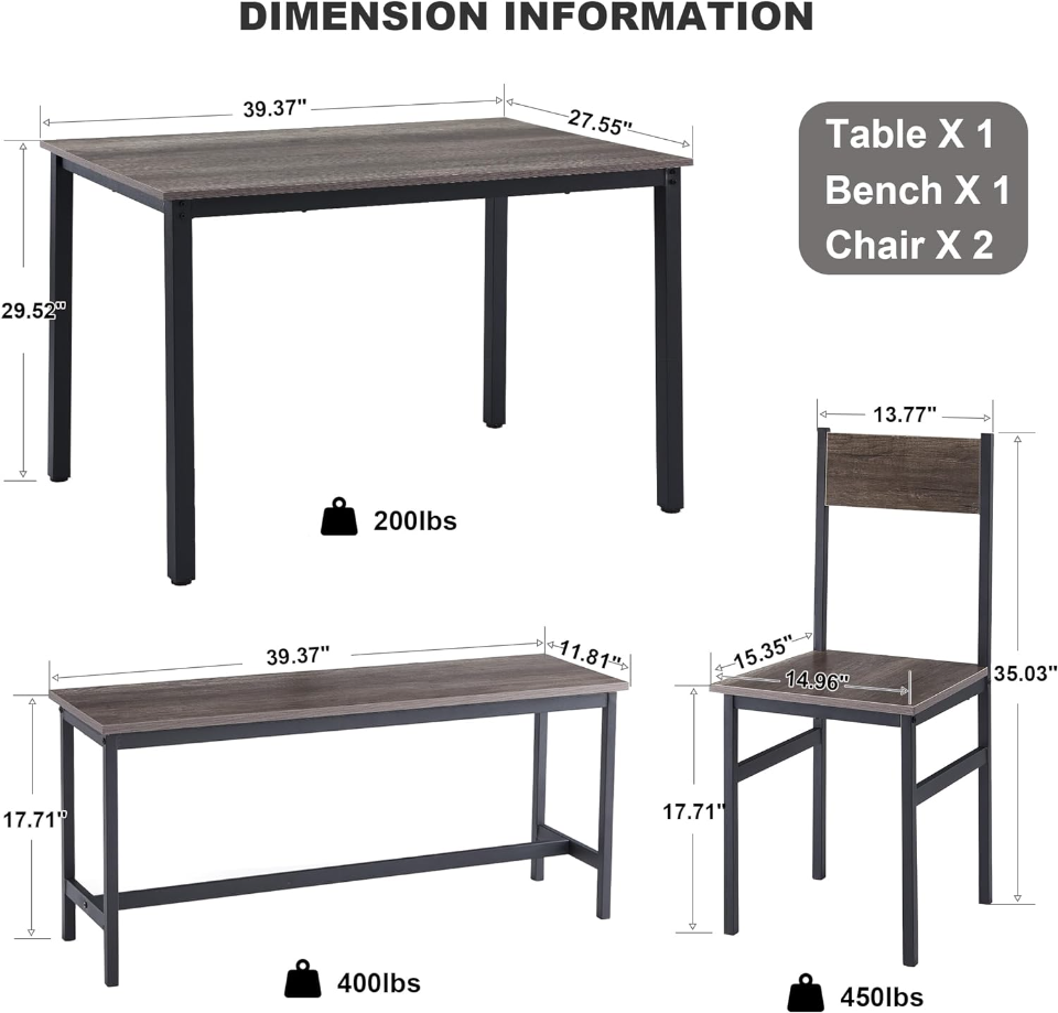 Small Kitchen Table and Chairs for 4, Dining Room Table and 2 Chair 1 Bench, Table and Chairs Set of 4 for Small Space, Apartment- Durability- Easy to Clean and Maintain (Color-5)