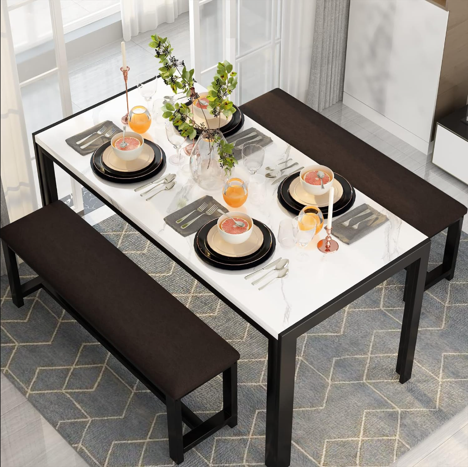 Dining Room Table Set with 2 Benches, Dining Table Set for 4-6, Dinner Table Set for 4, Faux Marble Breakfast Table Set & PU Leather Upholstered Benches for Small Spaces, Apartment, White