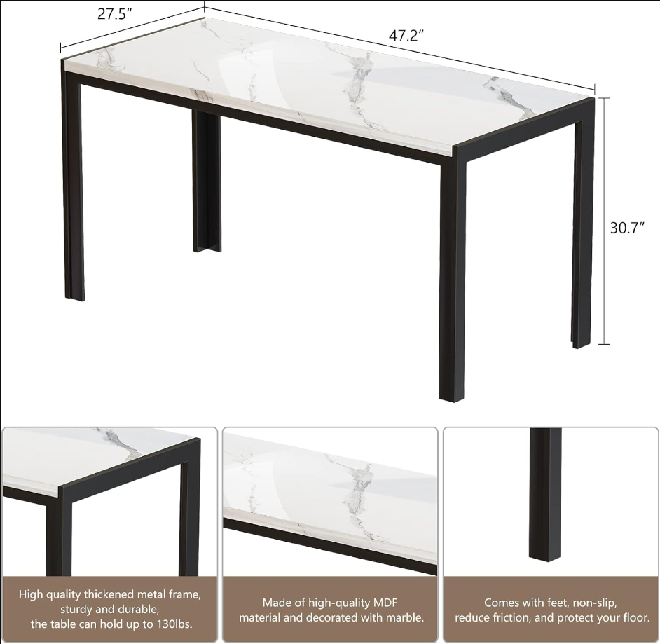 Dining Room Table Set with 2 Benches, Dining Table Set for 4-6, Dinner Table Set for 4, Faux Marble Breakfast Table Set & PU Leather Upholstered Benches for Small Spaces, Apartment, White