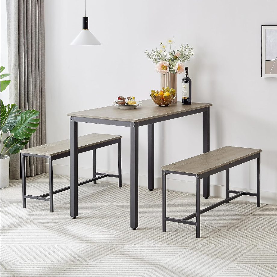 Set, Bar 2 Dining Benches, Counter with Chairs, Industrial for Kitchen Breakfast Table, Living, Party Room, Grey and Black,43.3″L x 23.6″W x 29.9″H