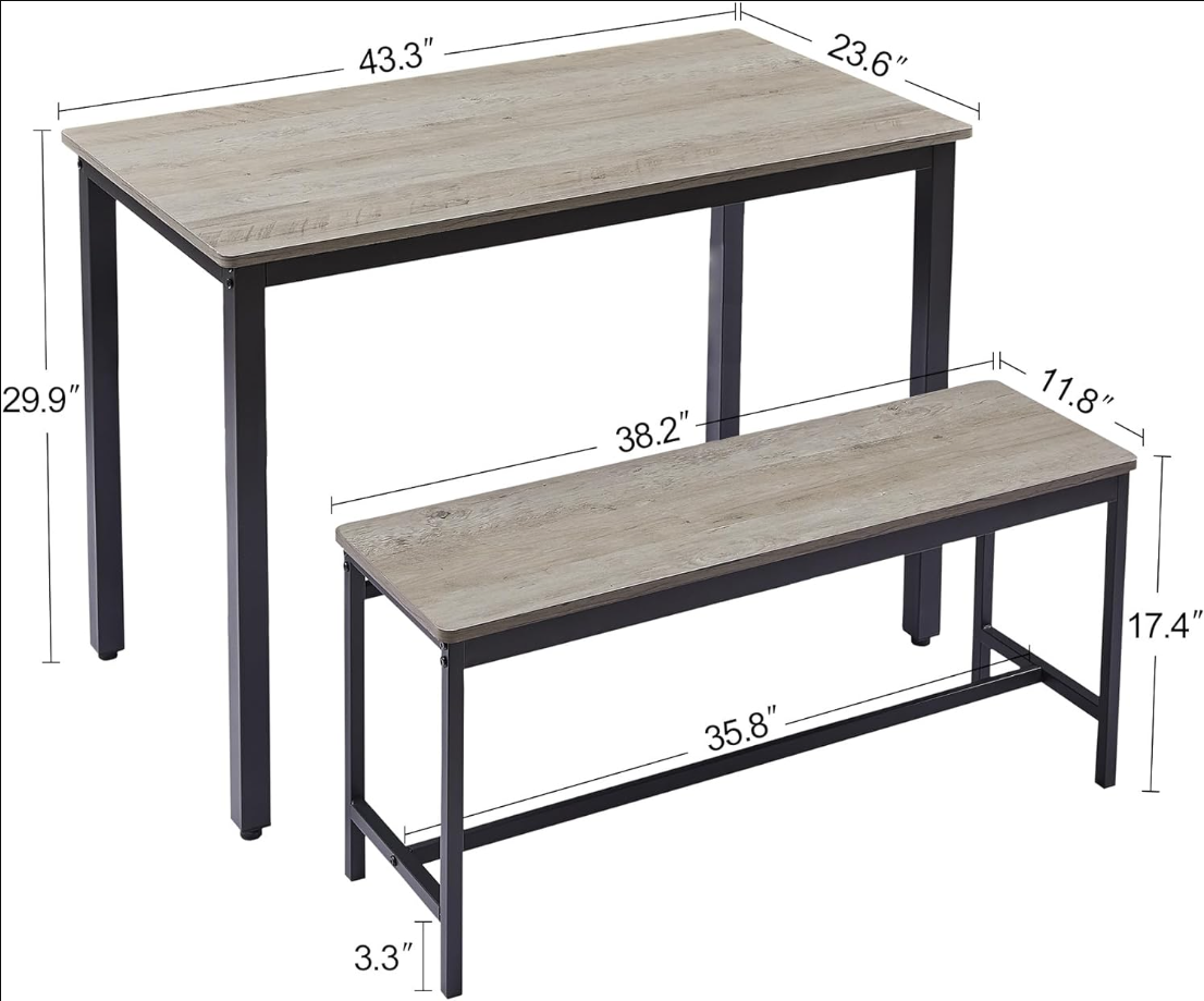 Set, Bar 2 Dining Benches, Counter with Chairs, Industrial for Kitchen Breakfast Table, Living, Party Room, Grey and Black,43.3″L x 23.6″W x 29.9″H