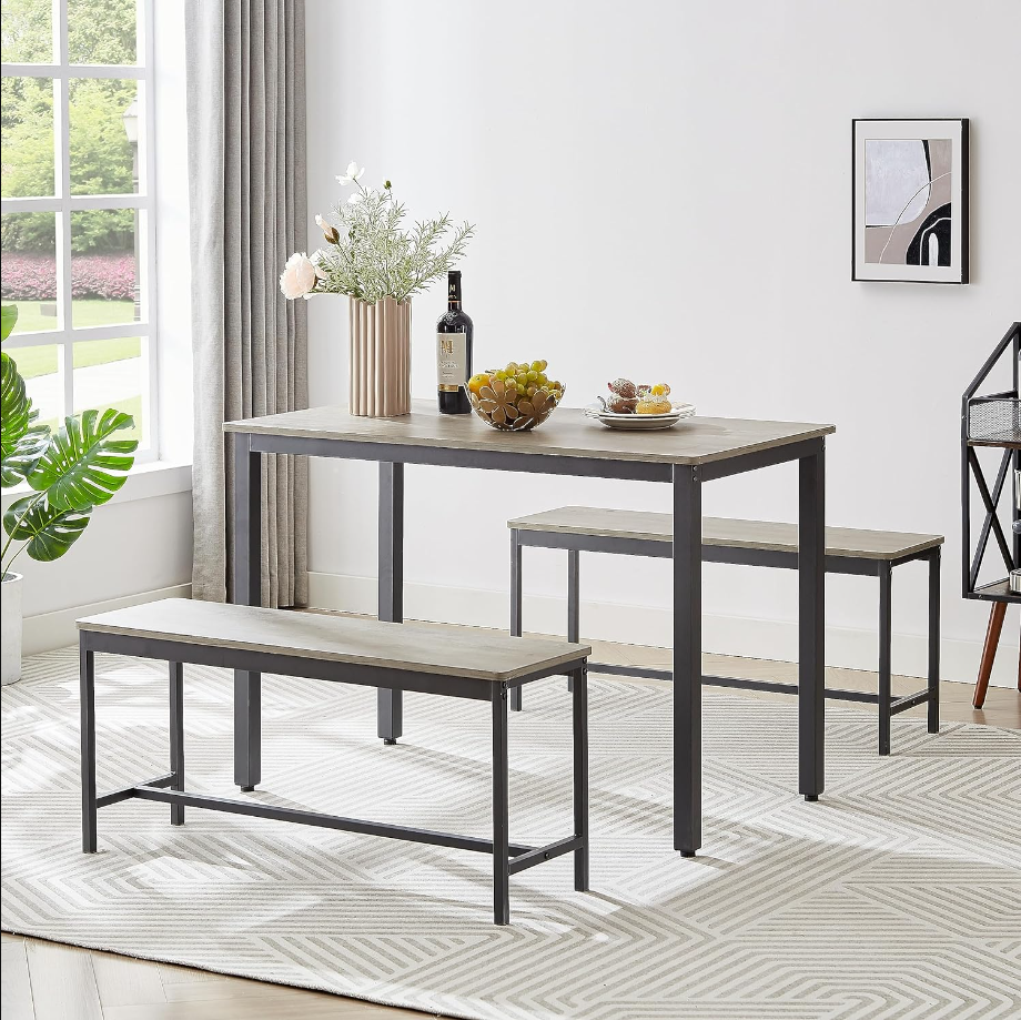 Set, Bar 2 Dining Benches, Counter with Chairs, Industrial for Kitchen Breakfast Table, Living, Party Room, Grey and Black,43.3″L x 23.6″W x 29.9″H