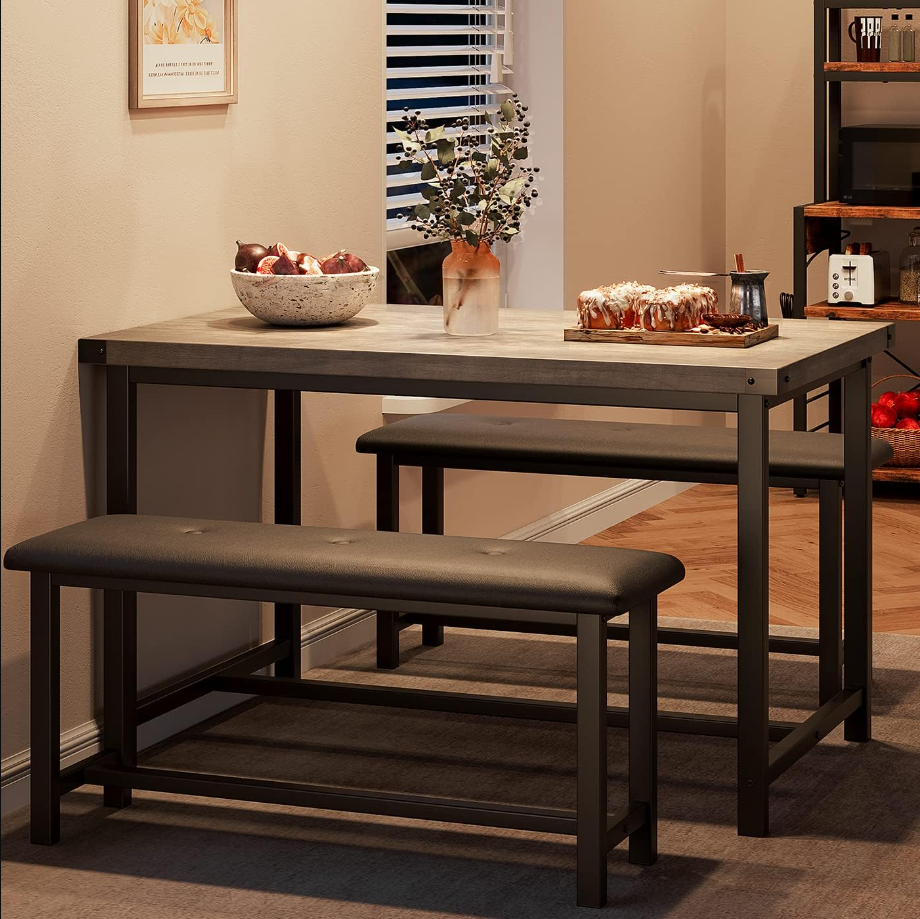 Farmhouse Dining 4 Kitchen Table Set with 2 Benches, Retro Gray