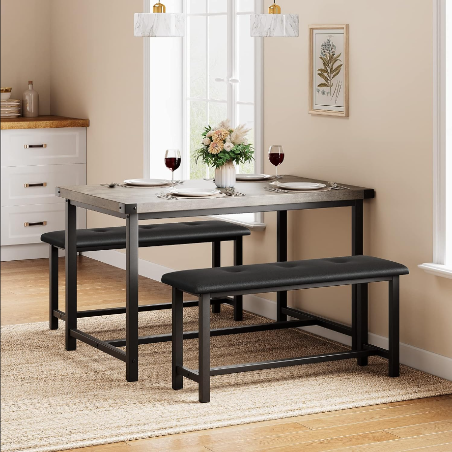 Farmhouse Dining 4 Kitchen Table Set with 2 Benches, Retro Gray