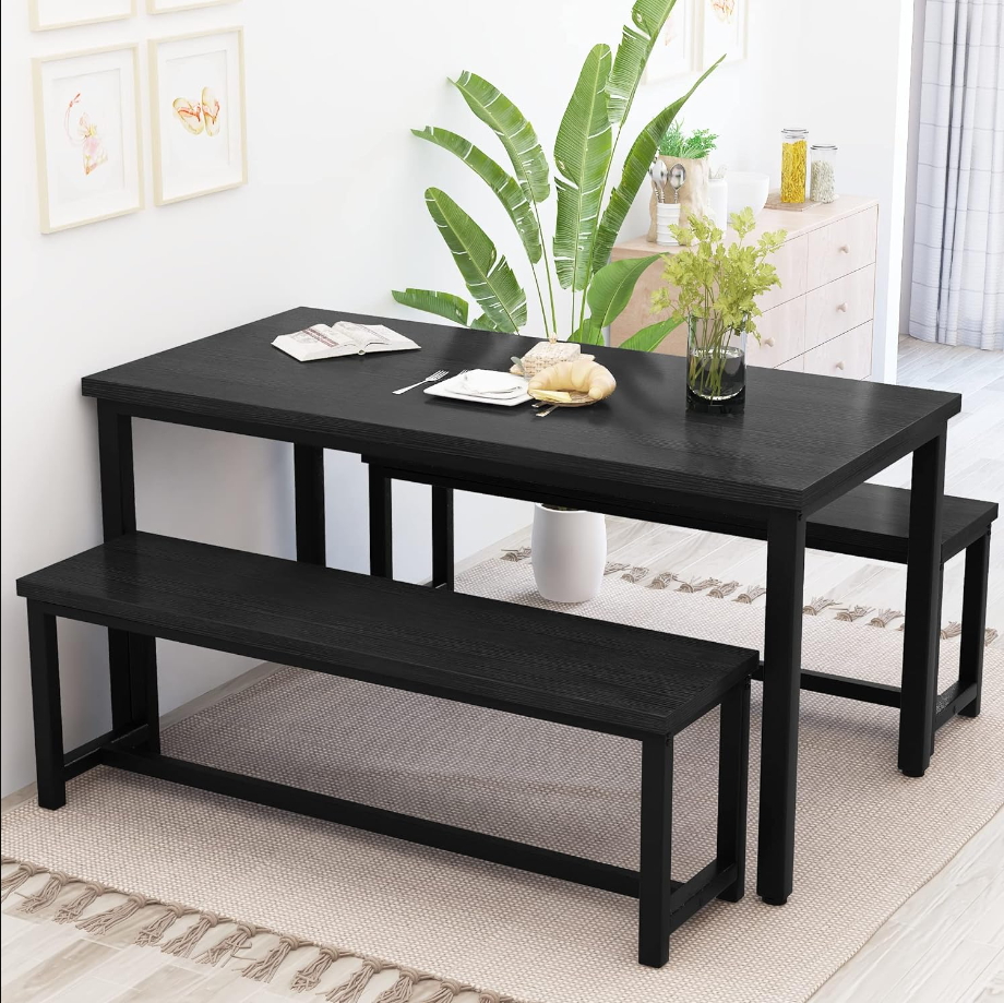 Dining Table Set for 4 Kitchen Table Set with 2 Dining Benches, 3 Piece Farmhouse Dining Room Table Set Industrial Breakfast Nook Table Set for Small Space, Apartment, Black