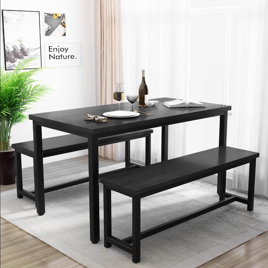 Dining Table Set for 4 Kitchen Table Set with 2 Dining Benches, 3 Piece Farmhouse Dining Room Table Set Industrial Breakfast Nook Table Set for Small Space, Apartment, Black