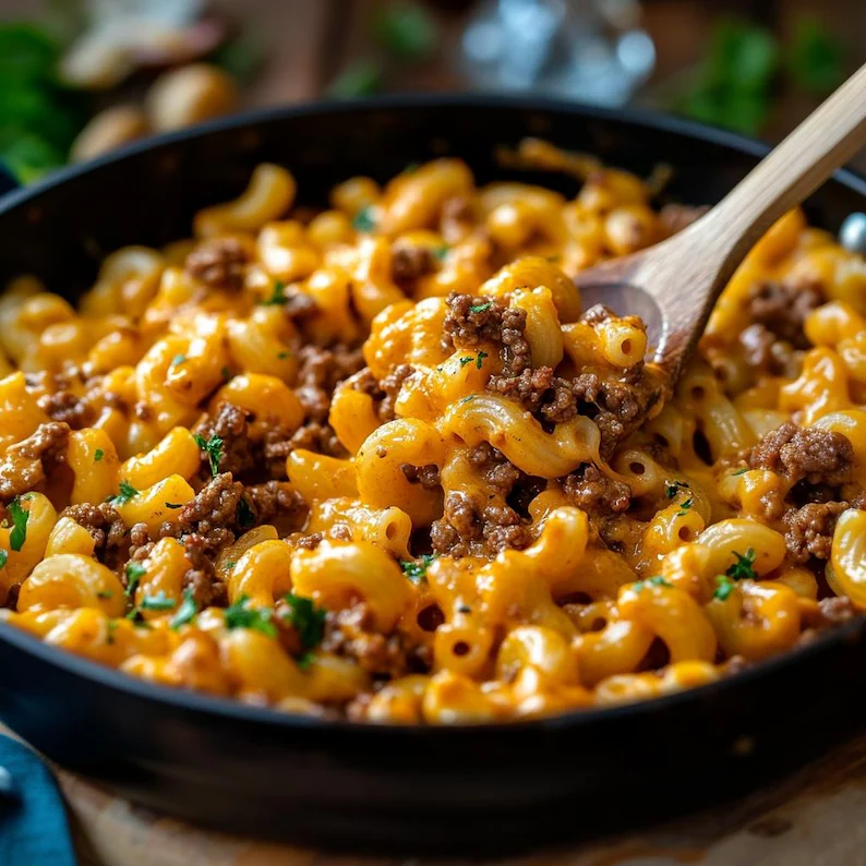 Cheesy Beef Macaroni Skillet