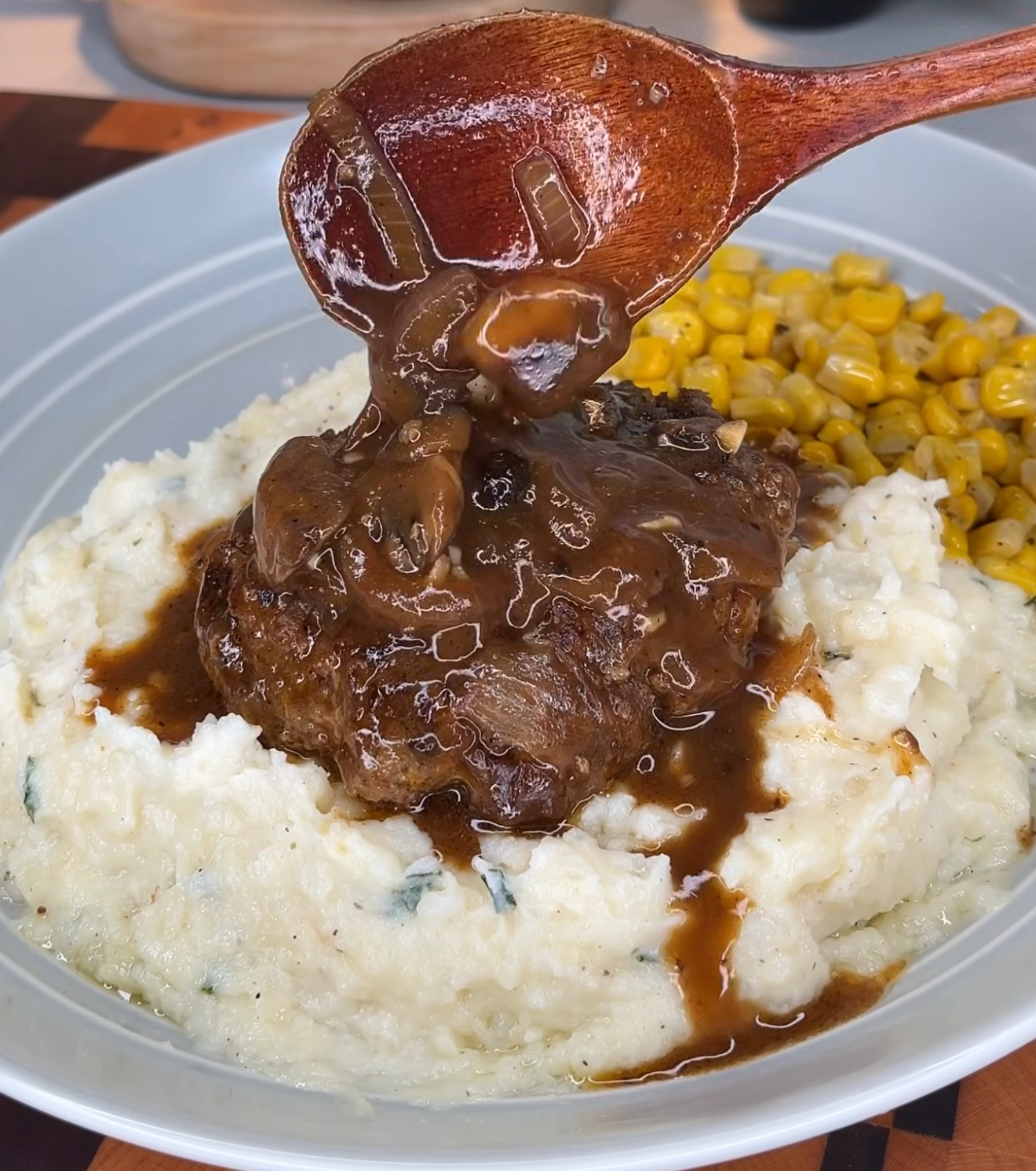 Braised Beef Patty with Mashed Potatoes and Corn