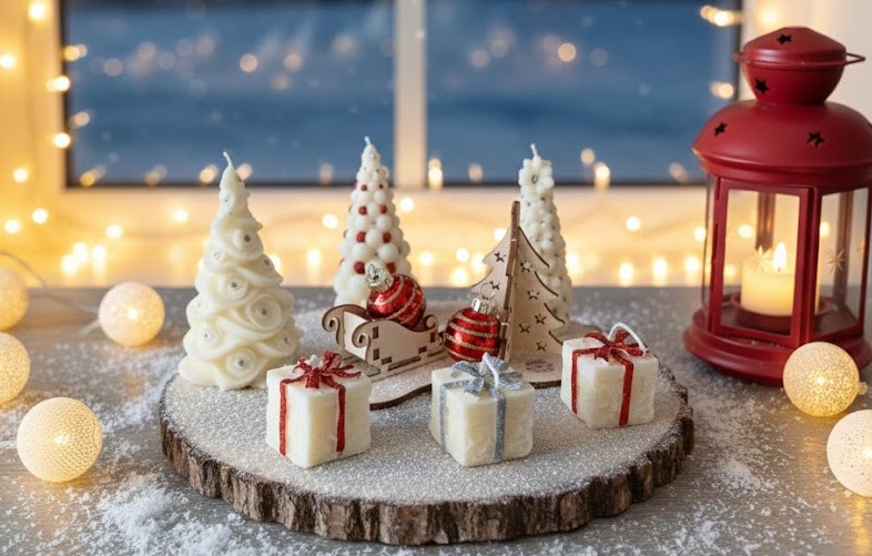 Grande Composition de Noël Bougie "sapins cadeaux"