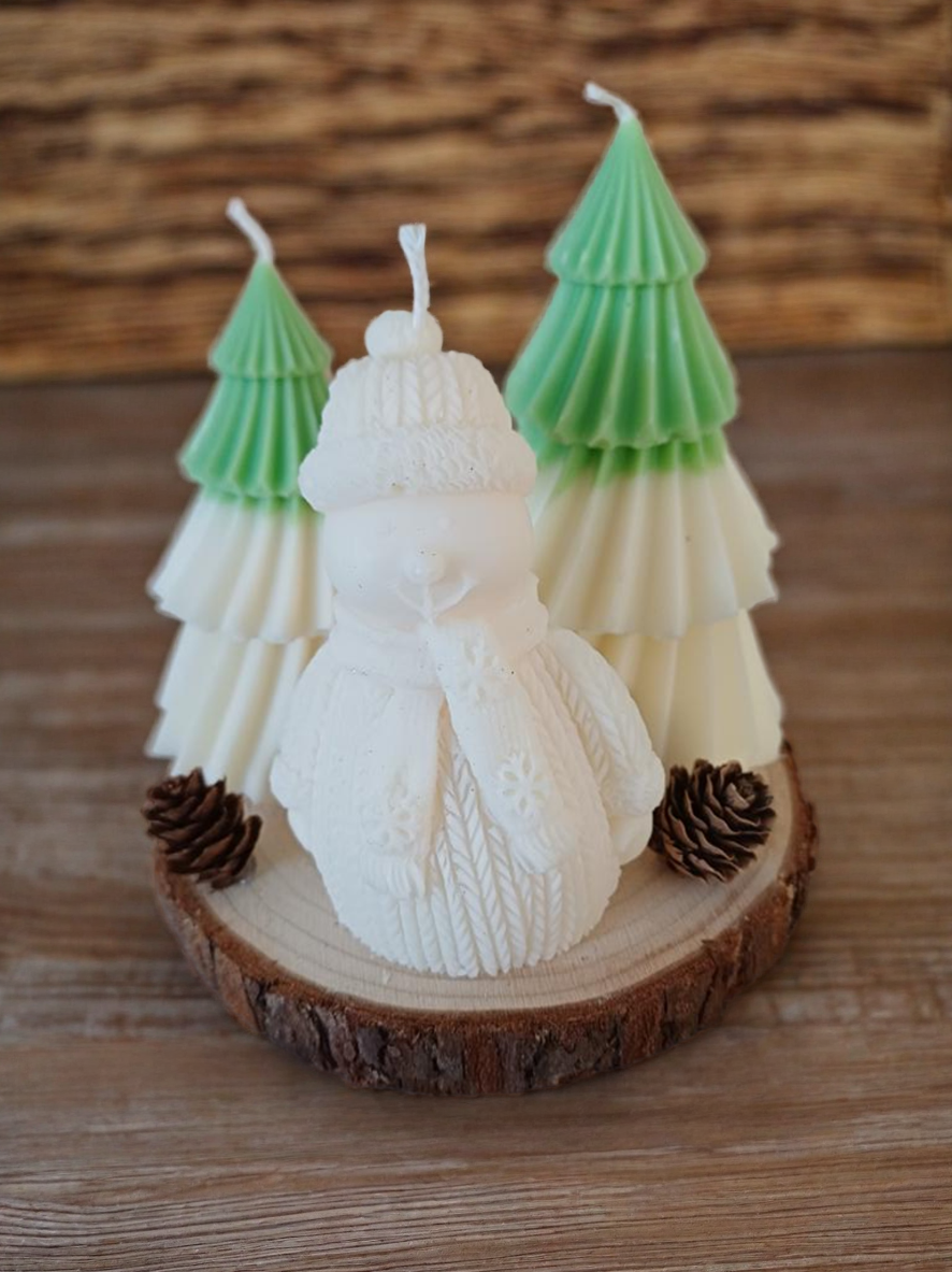 Composition de Noël Bougie "bonhomme de neige et sapins"