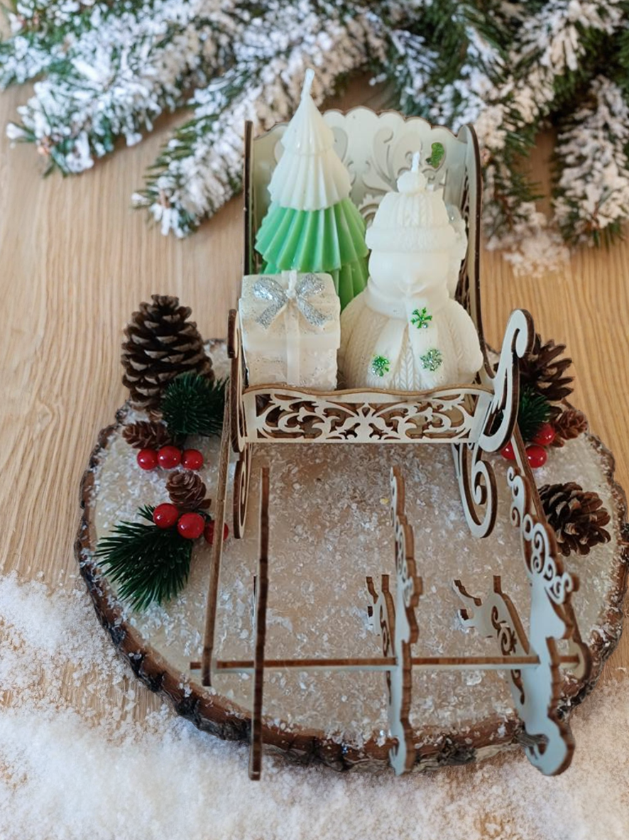 Grande Composition de Noël Bougie "traineau bonhomme de neige"