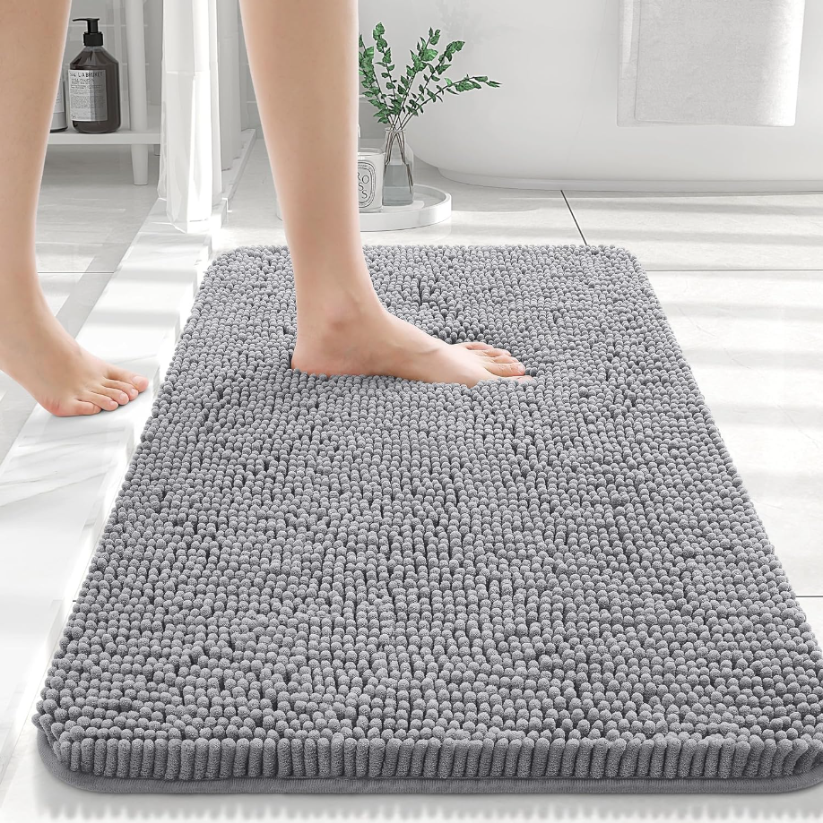 Bathroom Rugs 24x16, Extra Soft Absorbent Chenille Bath Rugs, Non-Slip, Dry Quickly, Machine Washable, Bath Mats for Bathroom Floor, Tub and Shower, Grey