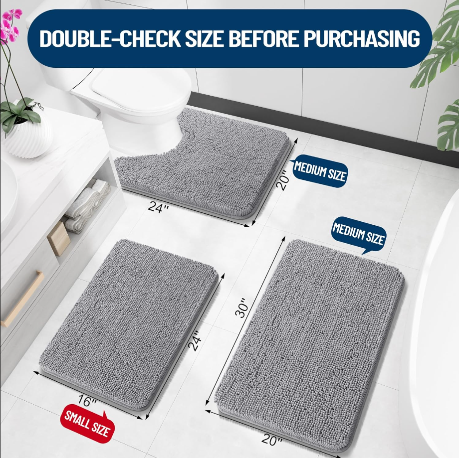 Bathroom Rugs 24x16, Extra Soft Absorbent Chenille Bath Rugs, Non-Slip, Dry Quickly, Machine Washable, Bath Mats for Bathroom Floor, Tub and Shower, Grey
