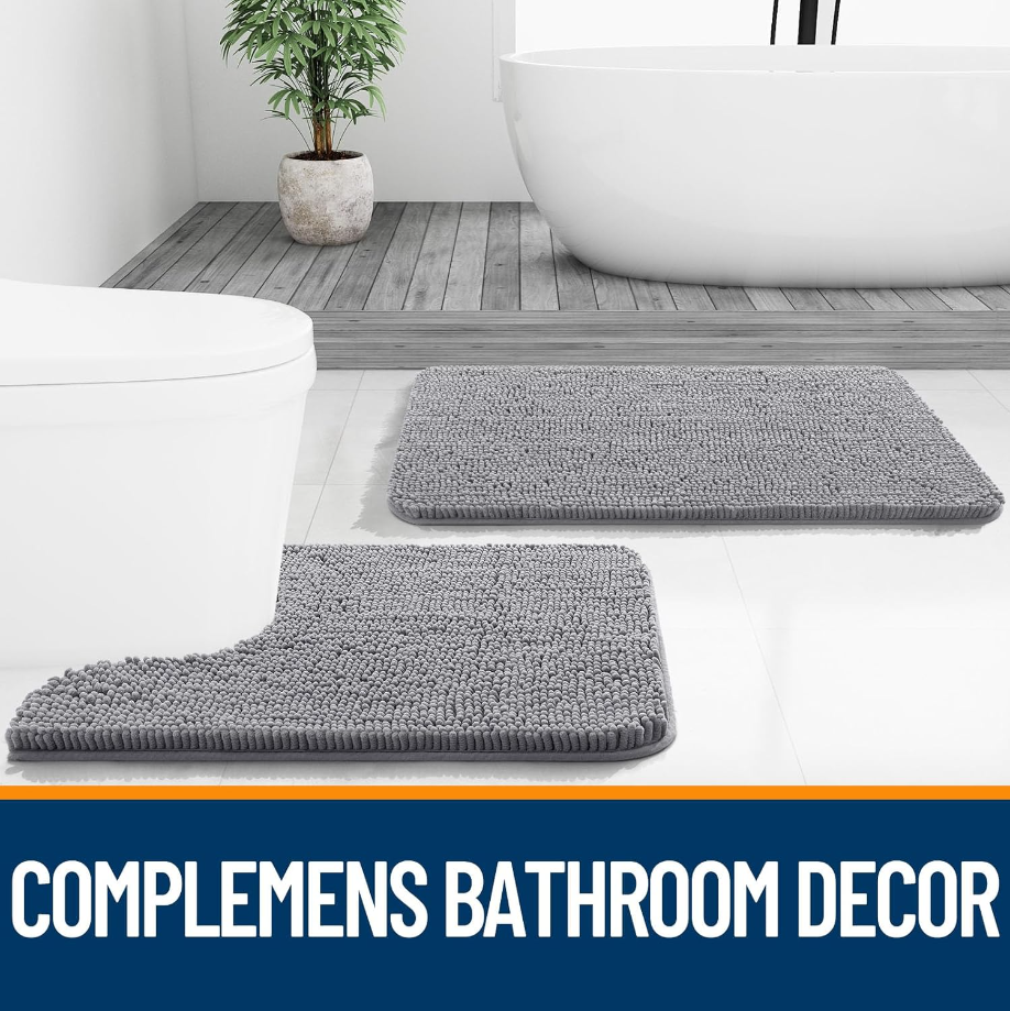 Bathroom Rugs 24x16, Extra Soft Absorbent Chenille Bath Rugs, Non-Slip, Dry Quickly, Machine Washable, Bath Mats for Bathroom Floor, Tub and Shower, Grey