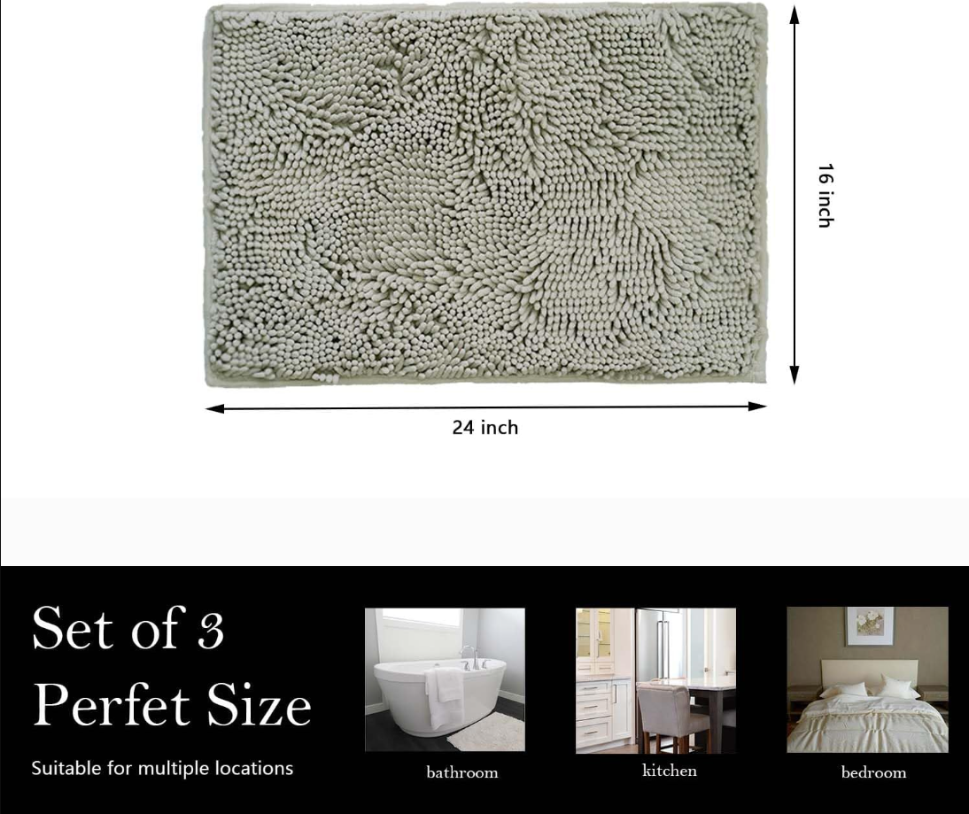 Bathroom Rugs Chenille Bath mat, Super Absorbent, Strong PVC Non Slip Backing, Bath mats for Bathroom,Plush Shaggy,Thick, Machine Washable,Bathtub, Shower, Toilet,(Light Grey,16"×24")