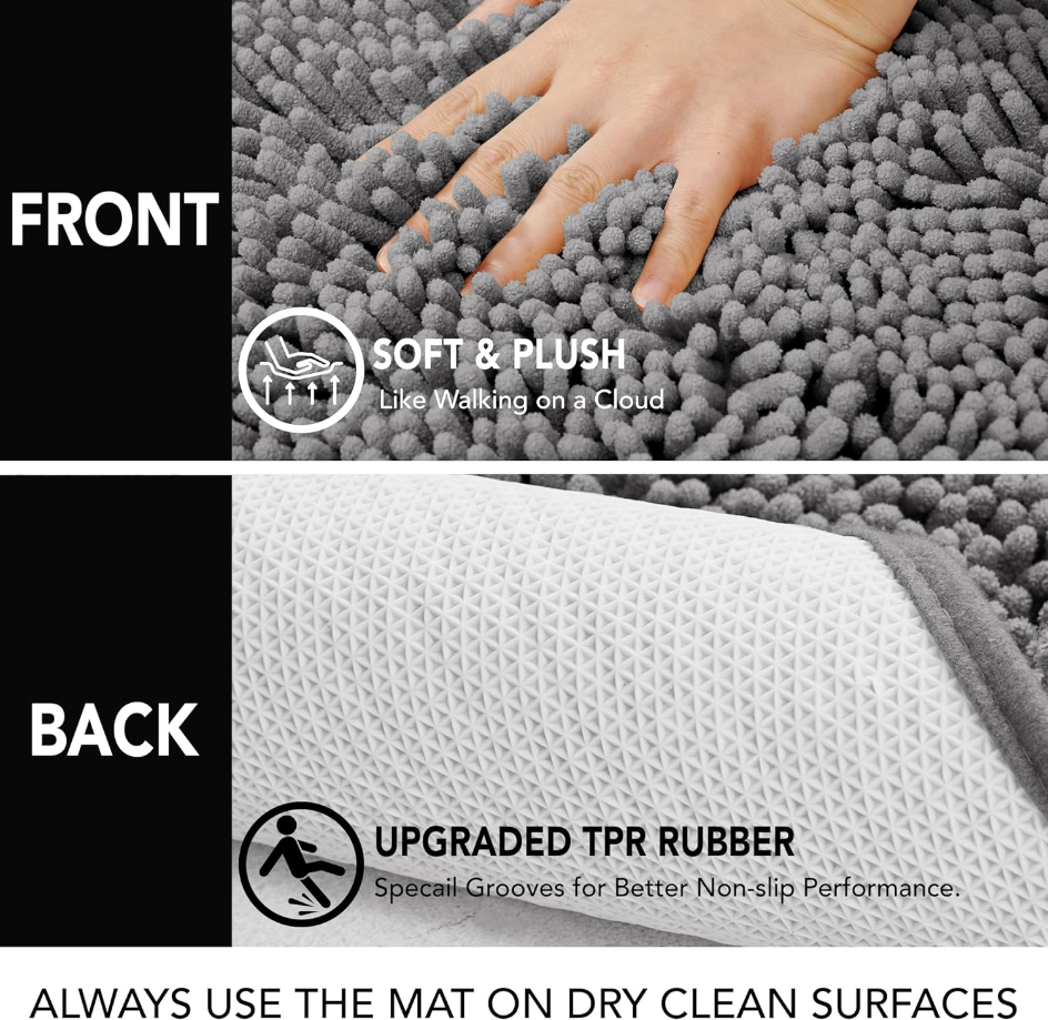 Bathroom Rugs, 32"x20", Bath Mats for Bathroom Non Slip, Thick Soft Durable Bath Rugs, Absorbent Bath Mat, Machine Wash & Quick Dry Chenille Bathroom Mat for Bathtub and Shower Floor, Grey