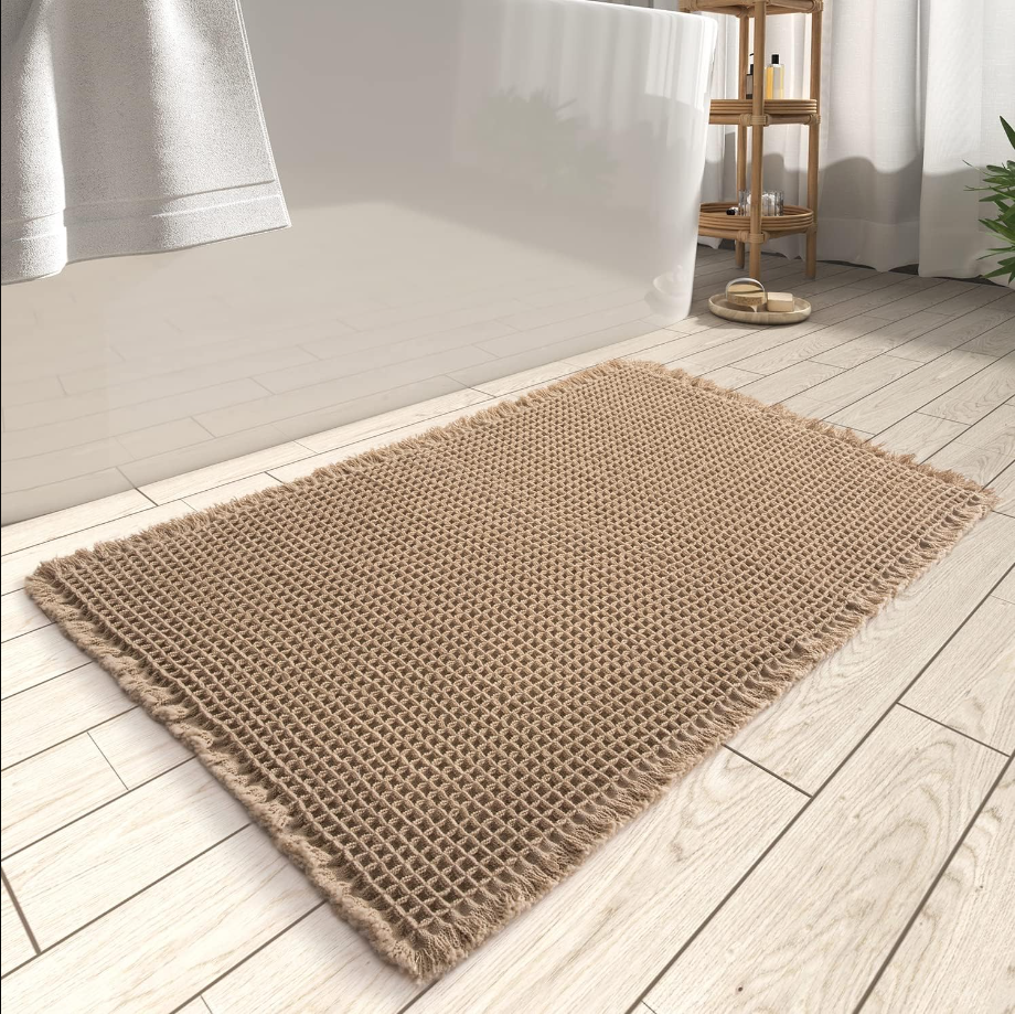 Upgraded Waffle Bath Mat, Super Absorbent Non Slip Bath Mats for Bathroom Floor, Machine Washable Bathroom Rugs with Tassels, Rubber Backed Bathroom Mats, Ultra Soft, 18" x 30", Brown
