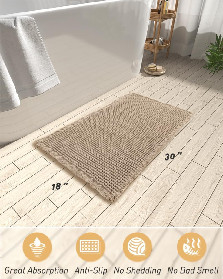 Upgraded Waffle Bath Mat, Super Absorbent Non Slip Bath Mats for Bathroom Floor, Machine Washable Bathroom Rugs with Tassels, Rubber Backed Bathroom Mats, Ultra Soft, 18" x 30", Brown