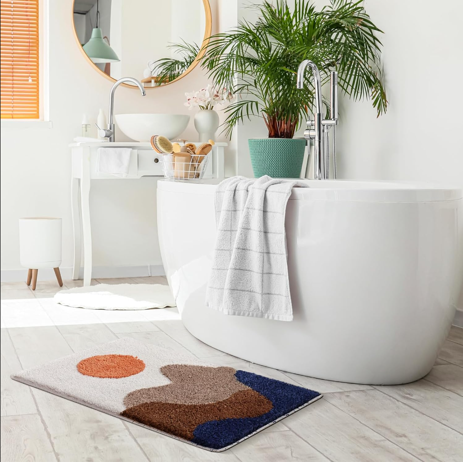 Boho Bath Mat- Abstract Bath Mat with Non Slip Backing – Boho Mountain Washable Bathroom Rugs - Mid Century Modern Minimalist Bath Rug Mat for Room Decor - Ultra Soft Aesthetic Art Bath Mat