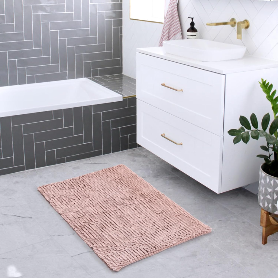 Chenille Bathroom Rugs Mat 24"x17", Non-Slip Bath Mat for Bathroom Floor & Bathtub, Washable Soft Shower Shag Bath Rugs, Fluffy Thick Water Absorbent Microfiber Shower Mat, Dusty Pink