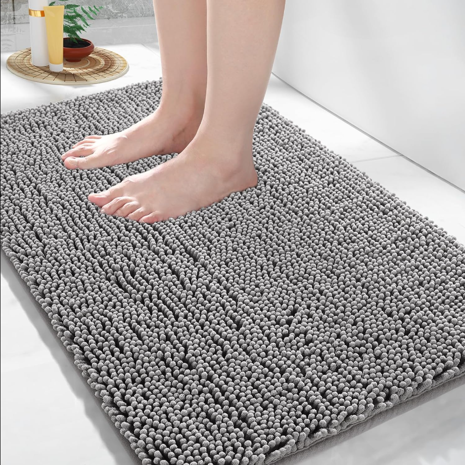 Chenille Bathroom Rug, Extra Soft Shaggy Bath Rugs, Non-Slip Bathroom Floor Mat, Water Absorbent, Thick Durable, Machine Washable, Plush Microfiber Rugs for Shower Bathtubs, 24x17, Grey