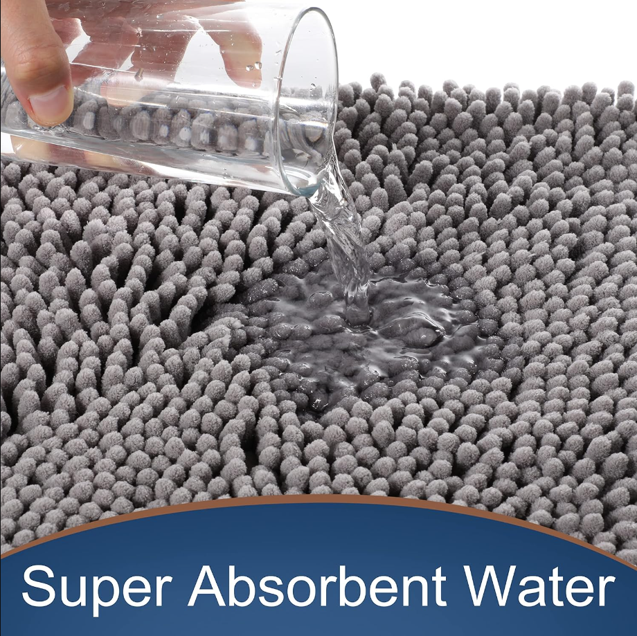 Chenille Bathroom Rug, Extra Soft Shaggy Bath Rugs, Non-Slip Bathroom Floor Mat, Water Absorbent, Thick Durable, Machine Washable, Plush Microfiber Rugs for Shower Bathtubs, 24x17, Grey