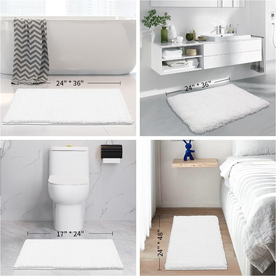 Microfiber Bathroom Rug Super Absorbent, Washable Bath Mat Non Slip for Floor, Thick Plush Shaggy Bath Rug with Rubber Bottom for Bathtub Shower Sink, Extra Soft 16.9" * 23.6" (White)