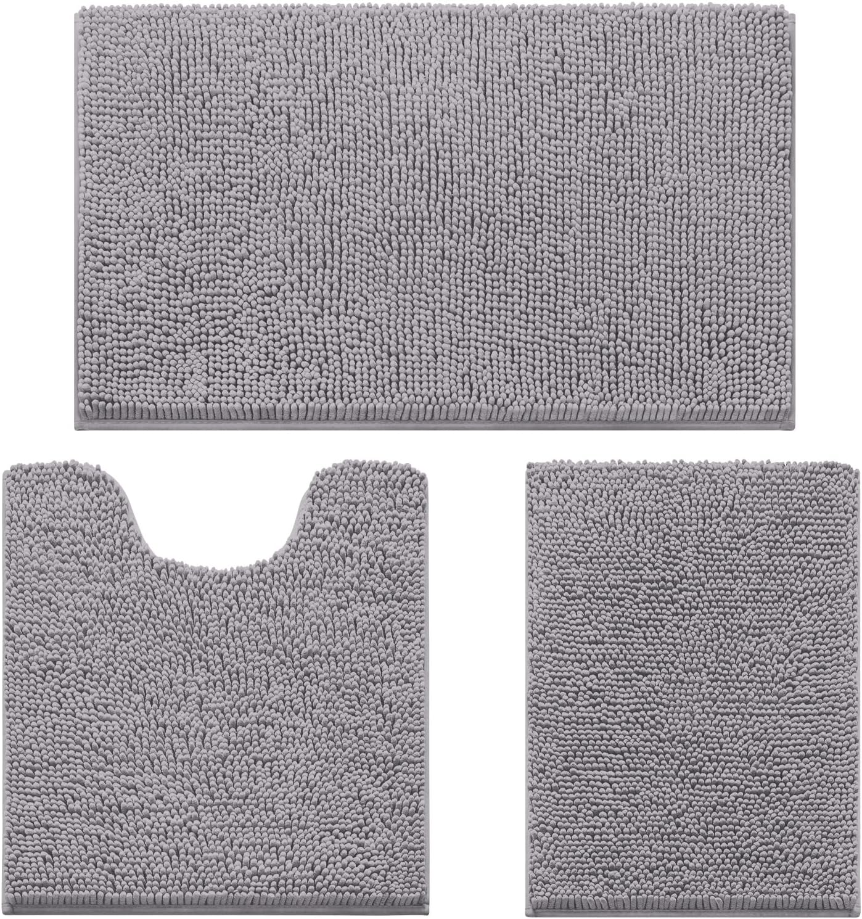 3 Pieces Bathroom Rugs, Ultra Soft Non Slip Absorbent Chenille Toilet Bath Mat Set (Grey)
