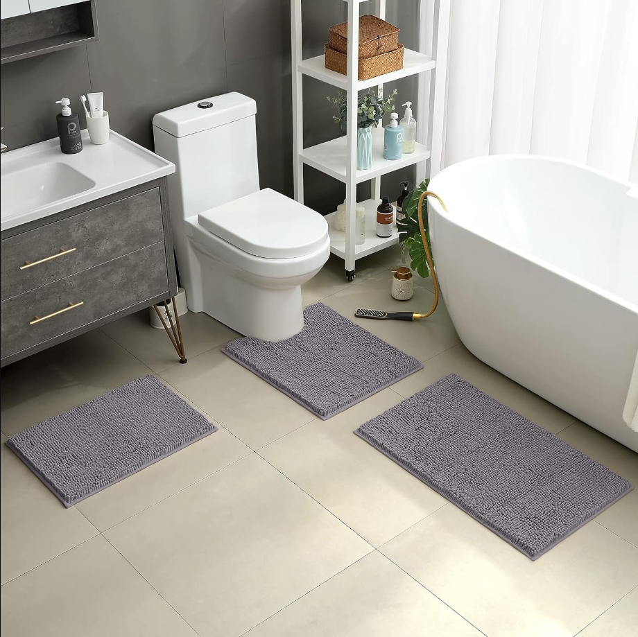 3 Pieces Bathroom Rugs, Ultra Soft Non Slip Absorbent Chenille Toilet Bath Mat Set (Grey)