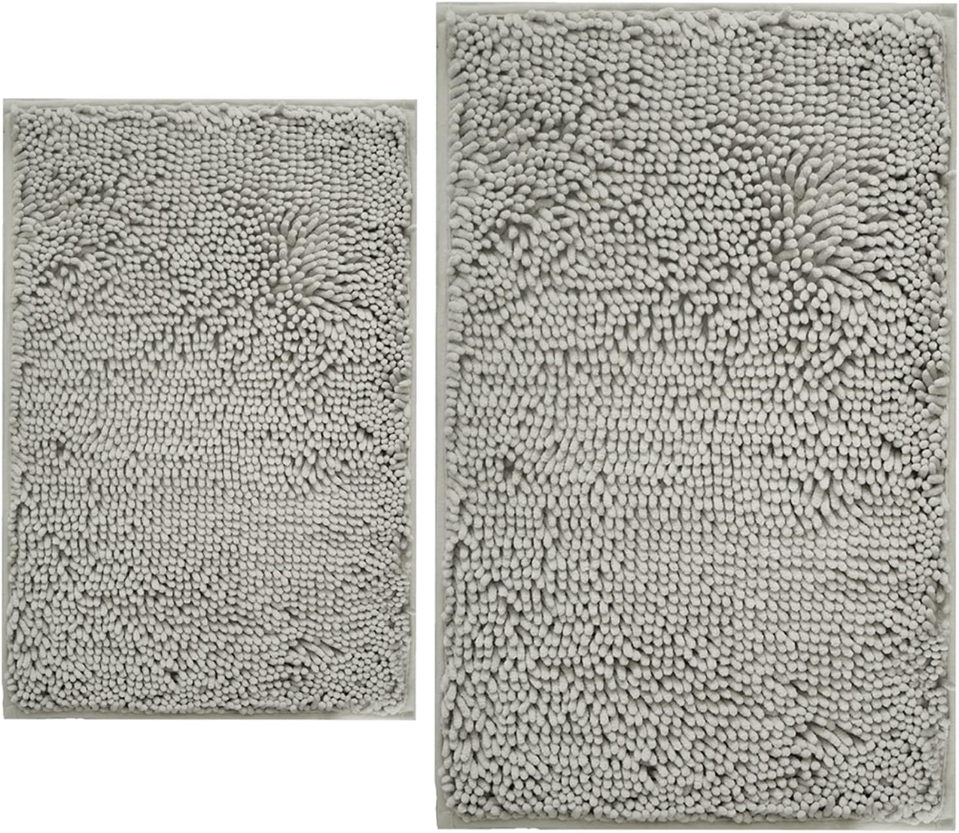 Bathroom Rugs Sets 2 Piece, Extra Soft Chenille Bath Mat Absorbent Bathroom Rug, Bathroom Mat with PVC Non-Slip Bottom, Machine Washable Bath Rugs (32x20 Inch + 24x16 Inch, Light Grey)