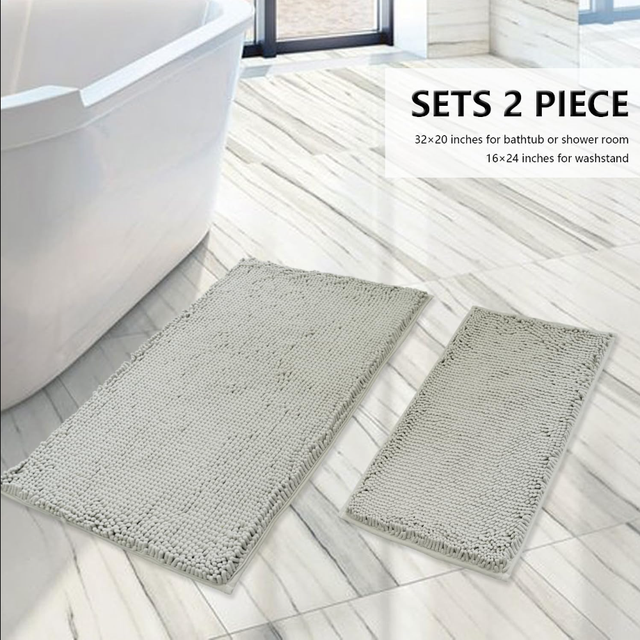 Bathroom Rugs Sets 2 Piece, Extra Soft Chenille Bath Mat Absorbent Bathroom Rug, Bathroom Mat with PVC Non-Slip Bottom, Machine Washable Bath Rugs (32x20 Inch + 24x16 Inch, Light Grey)