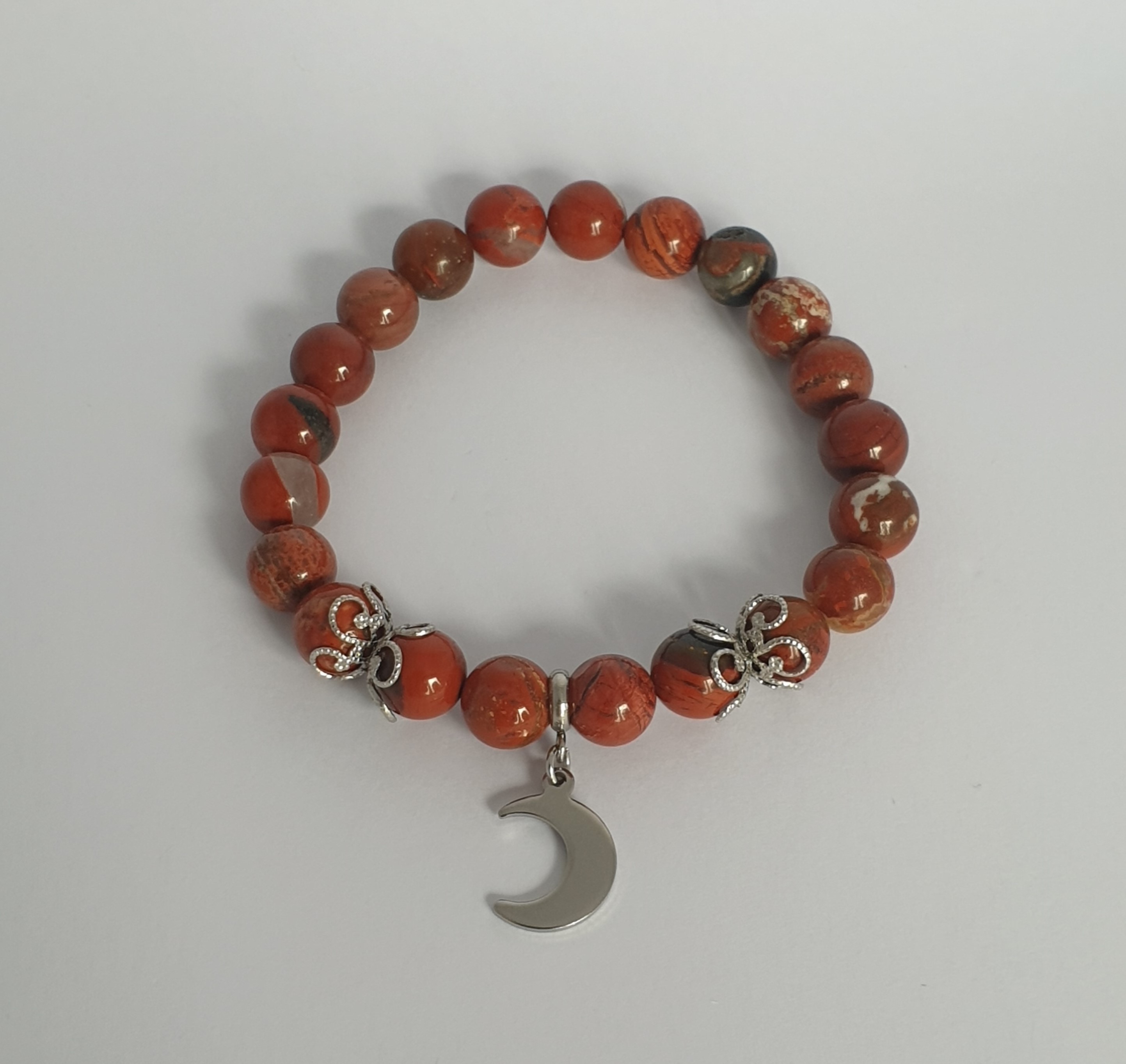 Bracelet Perle JASPE ROUGE et Lune argentée 
