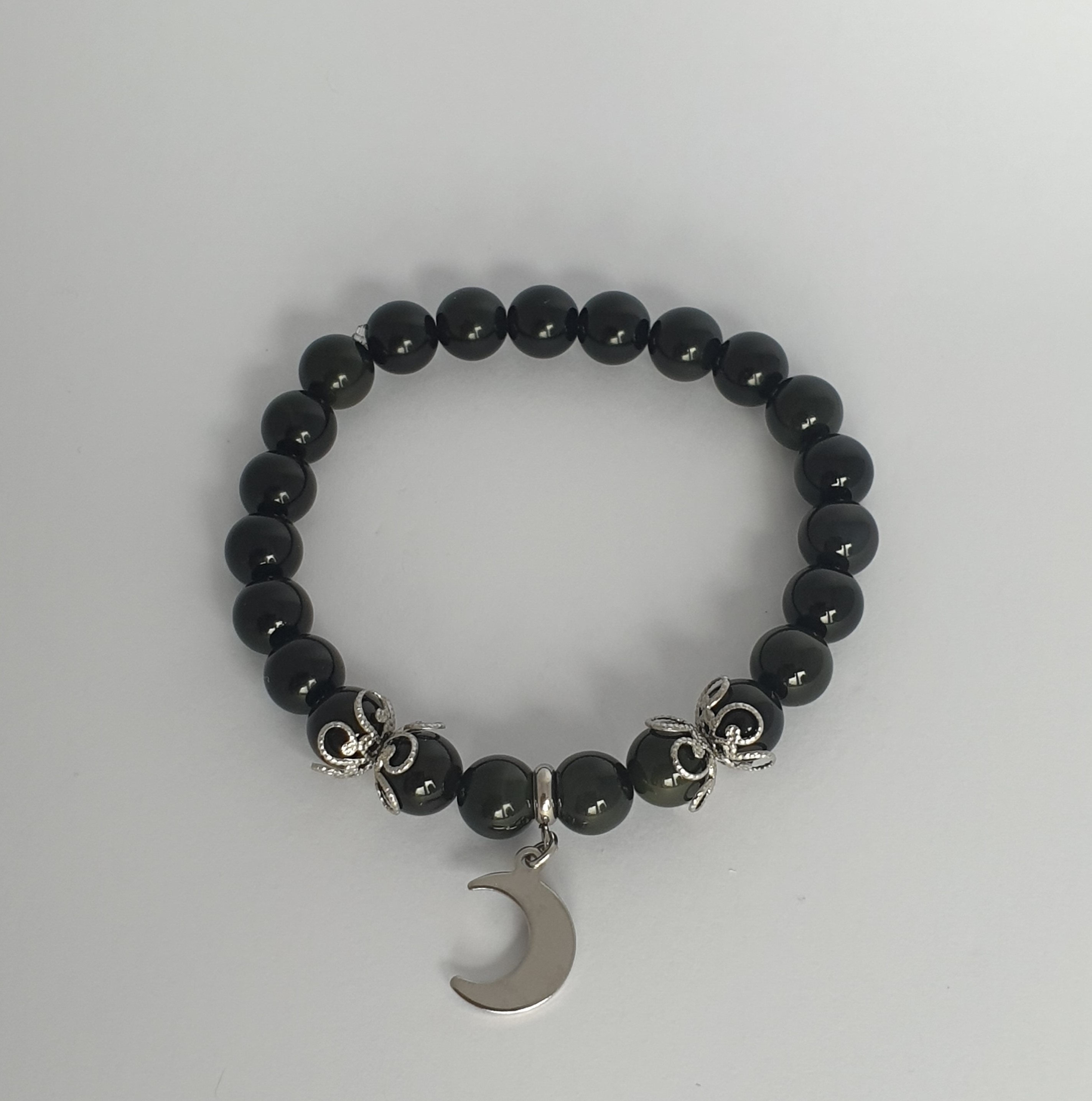 Bracelet Perle OBSIDIENNE et Lune argentée 