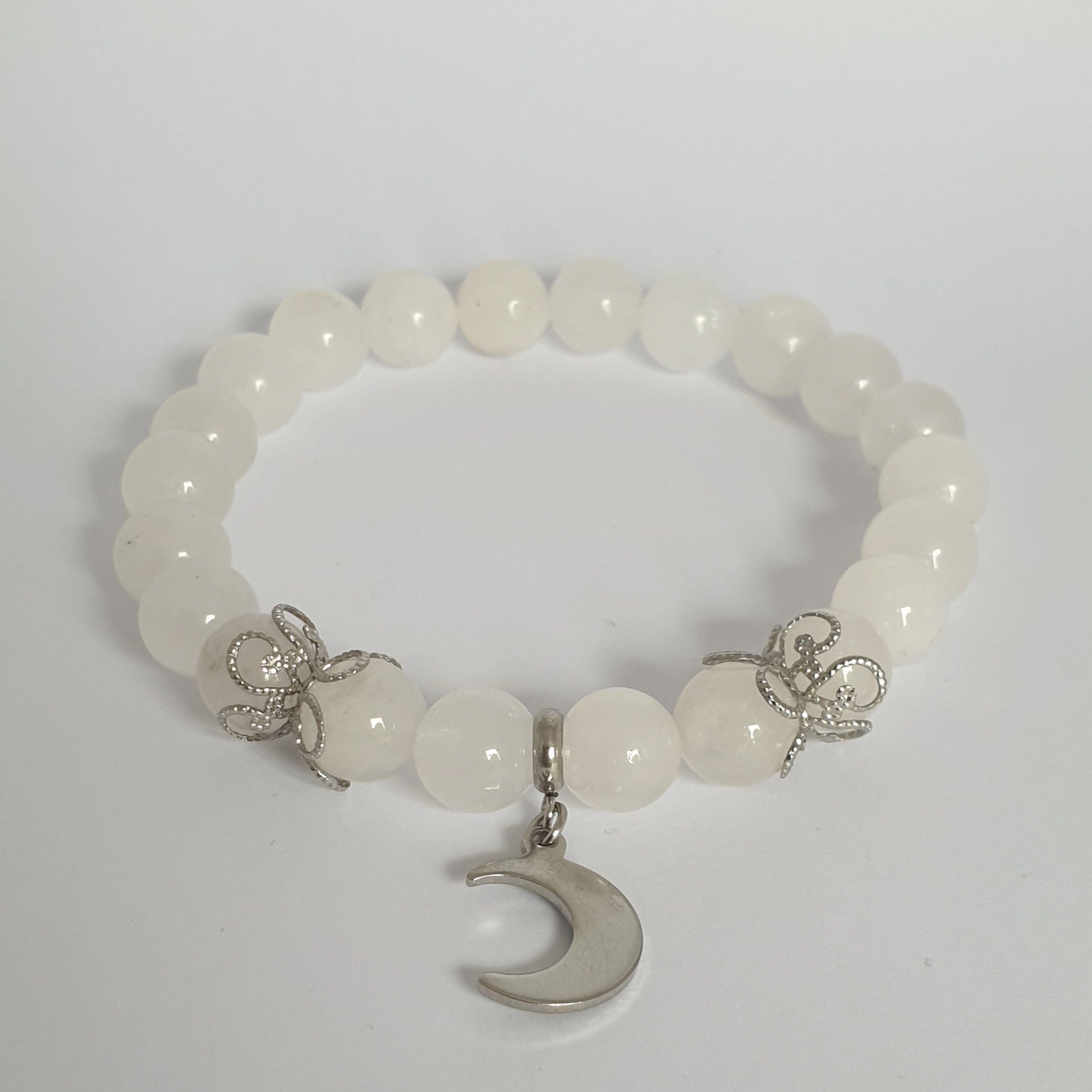 Bracelet Perle QUARTZ BLANC et Lune argentée 