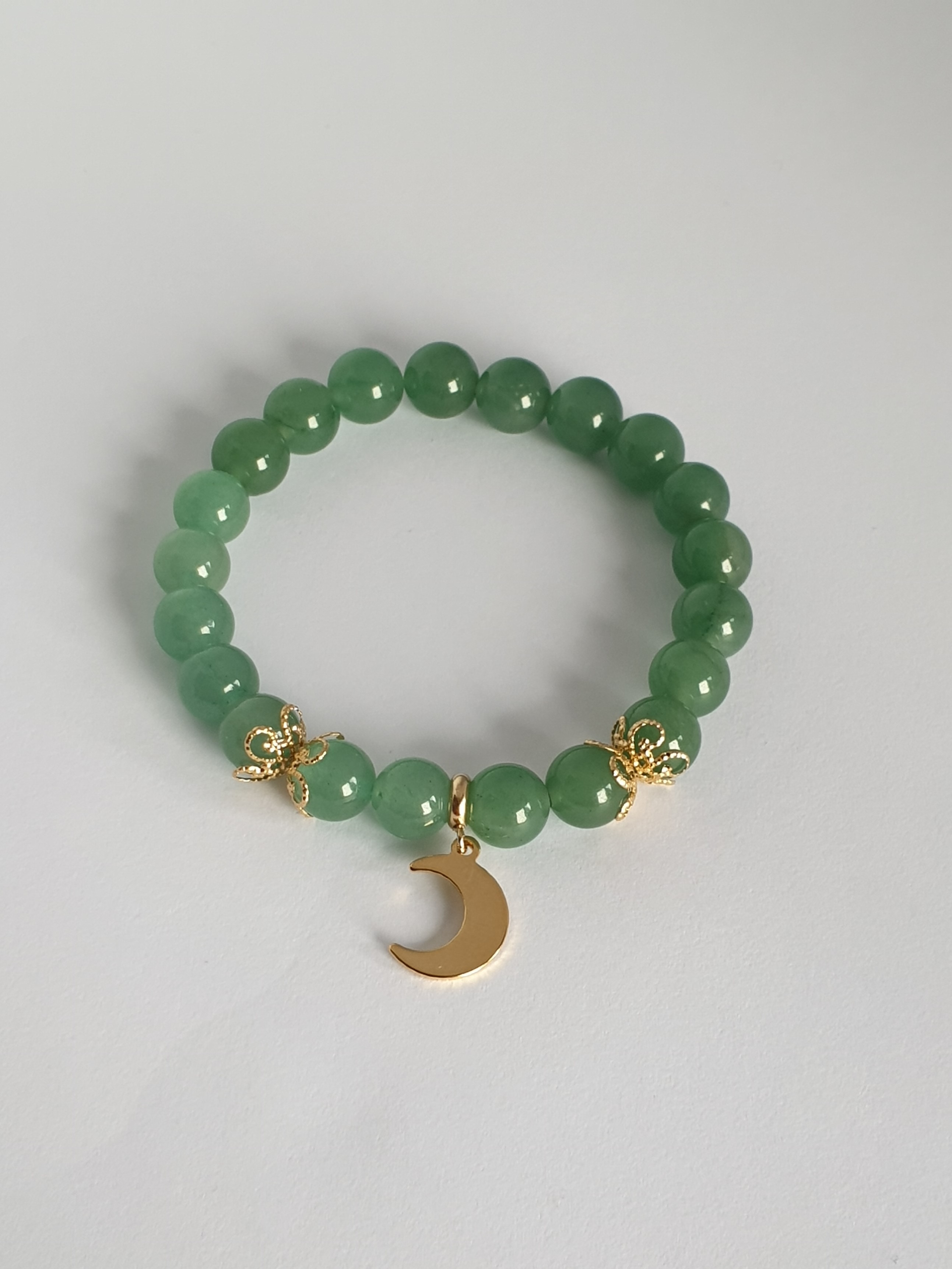 Bracelet Perle AVENTURINE VERTE et Lune dorée