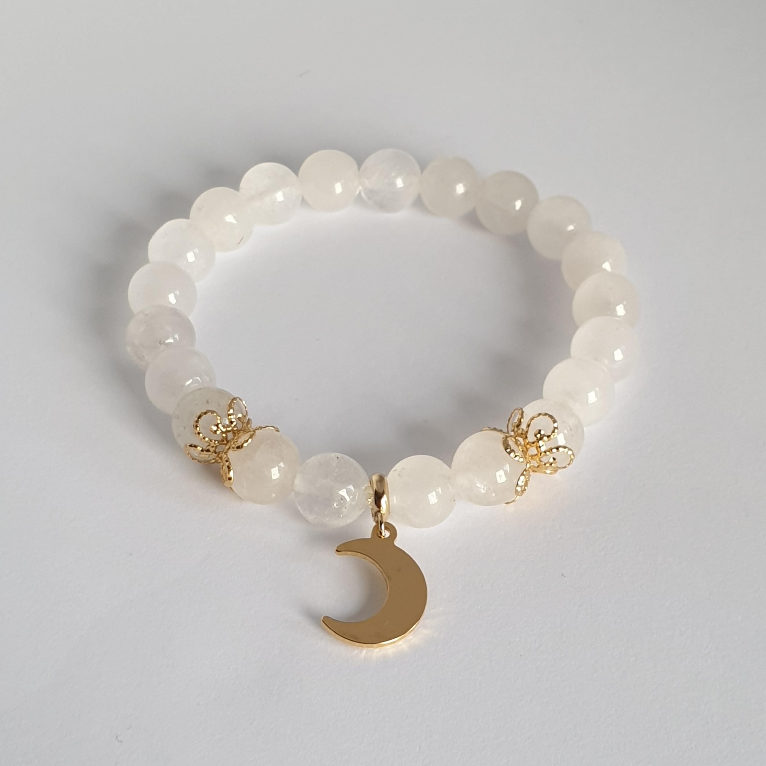 Bracelet Perle QUARTZ BLANC et Lune dorée