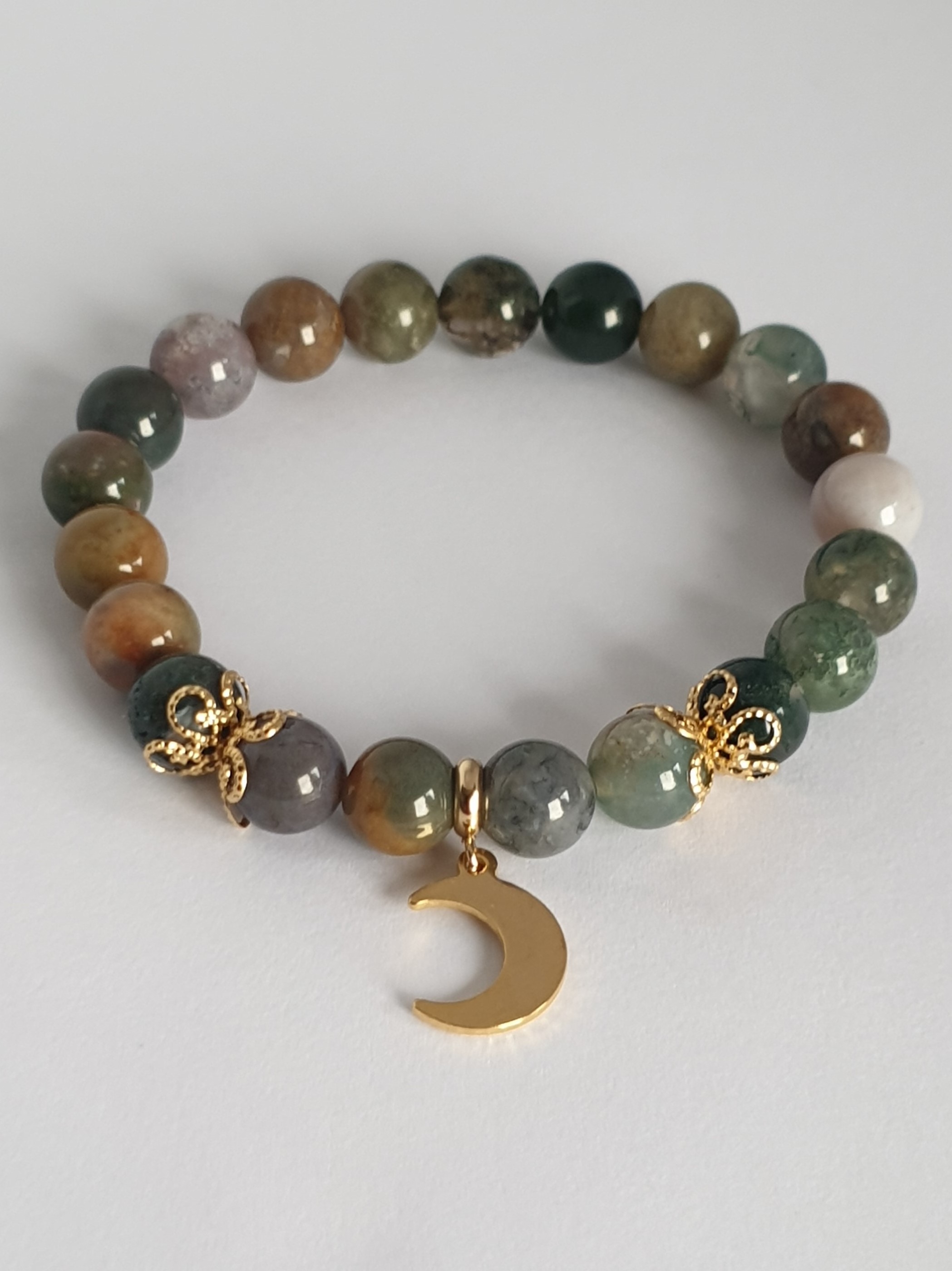 Bracelet Perle AGATE INDIENNE et Lune dorée